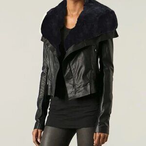 Wide Real sheep Fur Collar Genuine Leather Jacket For Women Black Winter Jacket